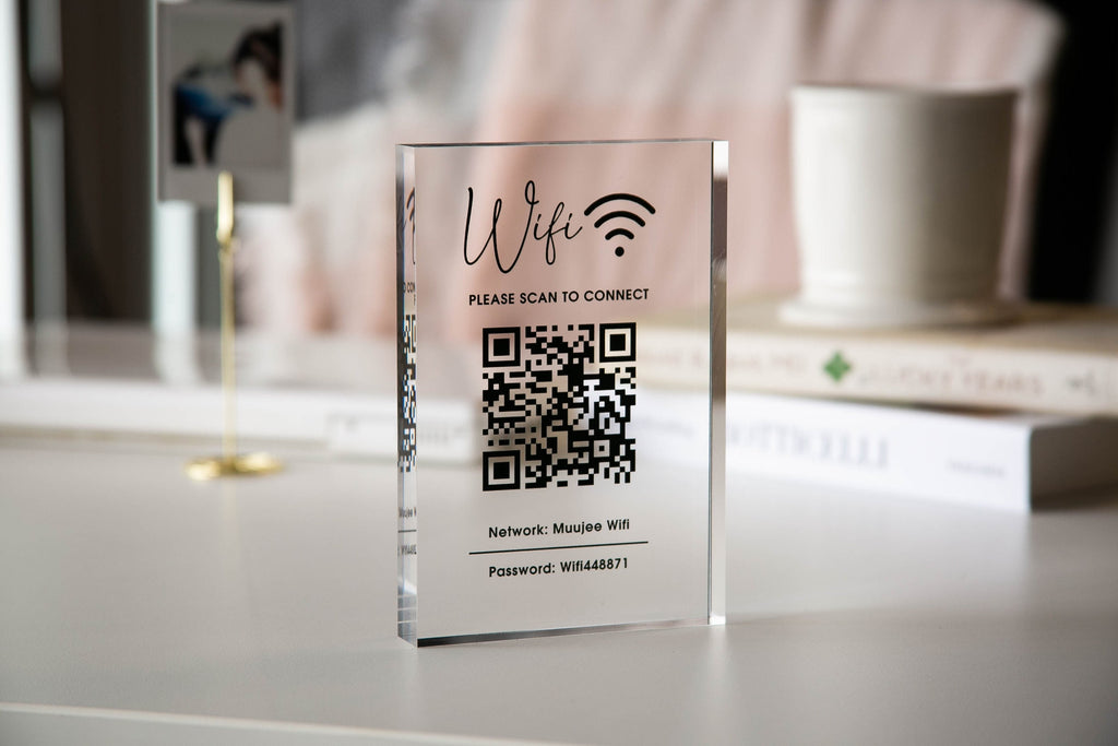 Personalized Acrylic QR Code Wifi Sign (Design 1) - Custom Network Password Table Top Signage Hotel Small Business Resaturants Bars Cafe