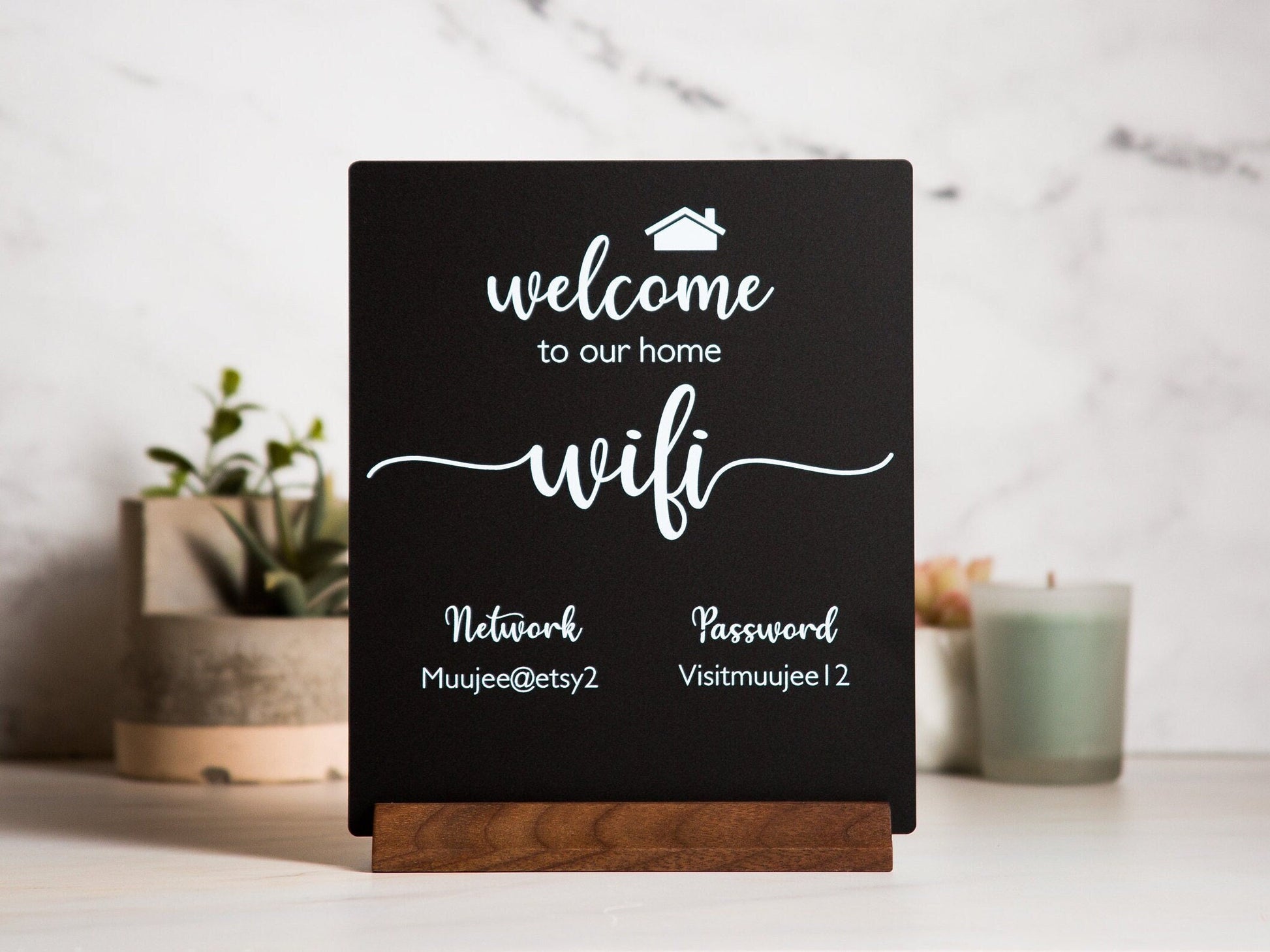 Wifi Acrylic Sign w/ Wood Base - 6.5 x 7.75" Ice or Black Table Sign for Home & Airbnb Rental, Office Small Business Salons Restaurants Bar
