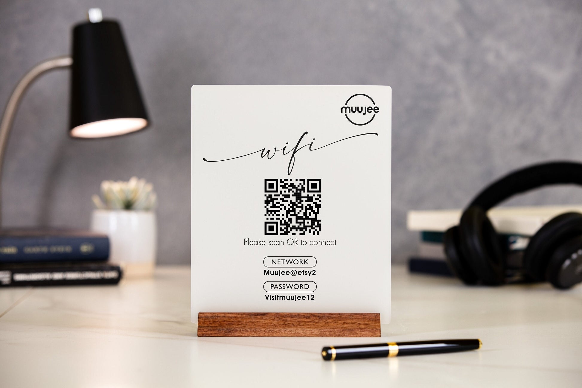 QR Code Logo Wifi Acrylic Sign w/ Wood Base - 6x7.75" Table Sign for Home & Airbnb Rental, Sign for Small Business Salon Restaurants Bar