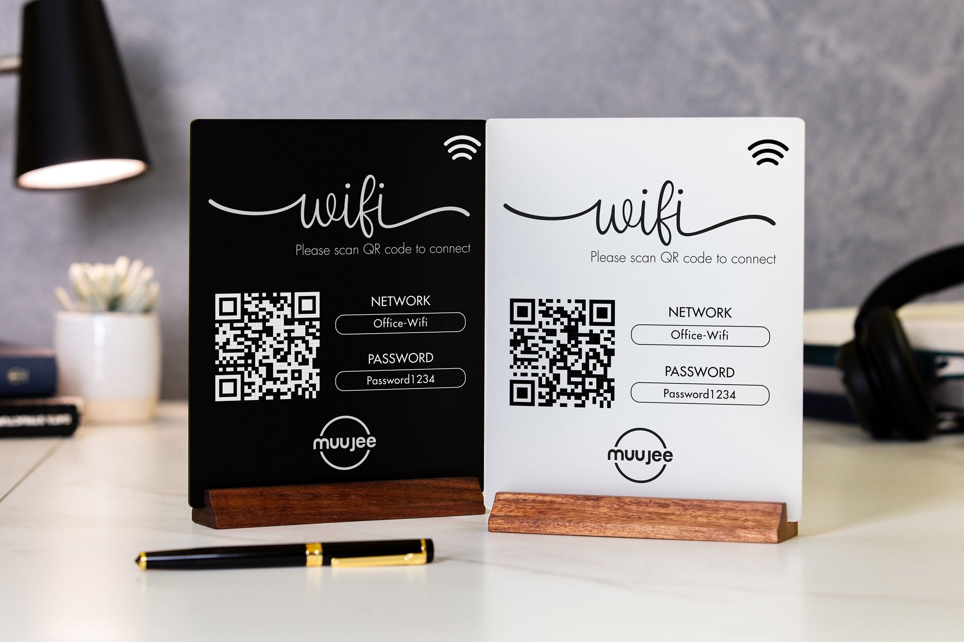 QR Code Logo Wifi Acrylic Sign w/ Wood Base - 6x7.75" Sign for Home & Airbnb Rental, Sign for Small Business Nail Salons Restaurants Bars
