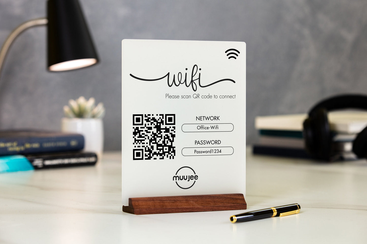 QR Code Logo Wifi Acrylic Sign w/ Wood Base - 6x7.75" Sign for Home & Airbnb Rental, Sign for Small Business Nail Salons Restaurants Bars