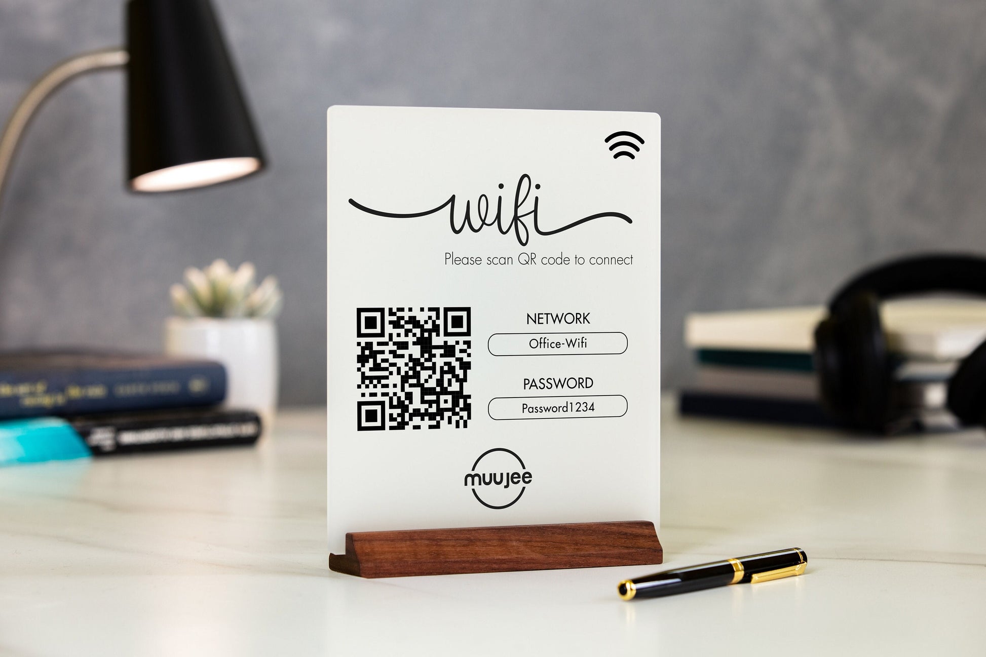 QR Code Logo Wifi Acrylic Sign w/ Wood Base - 6x7.75" Sign for Home & Airbnb Rental, Sign for Small Business Nail Salons Restaurants Bars