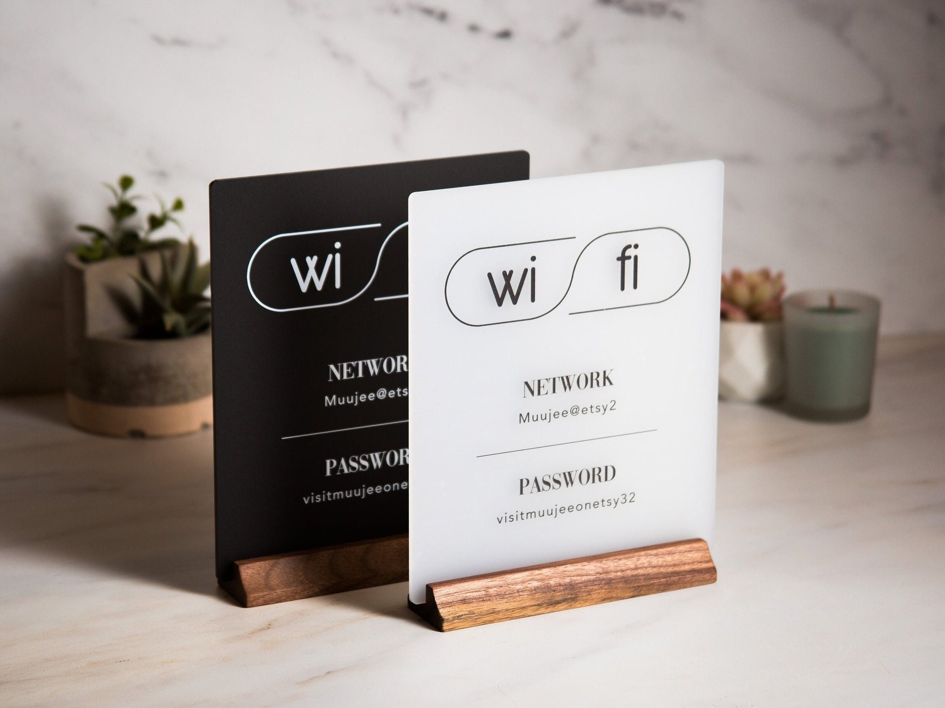 Wifi Acrylic Sign w/ Wood Base - 6.5 x 7.75" Table Signage for Home & Airbnb Rental, Custom Office Small Business Salons Restaurants Bar