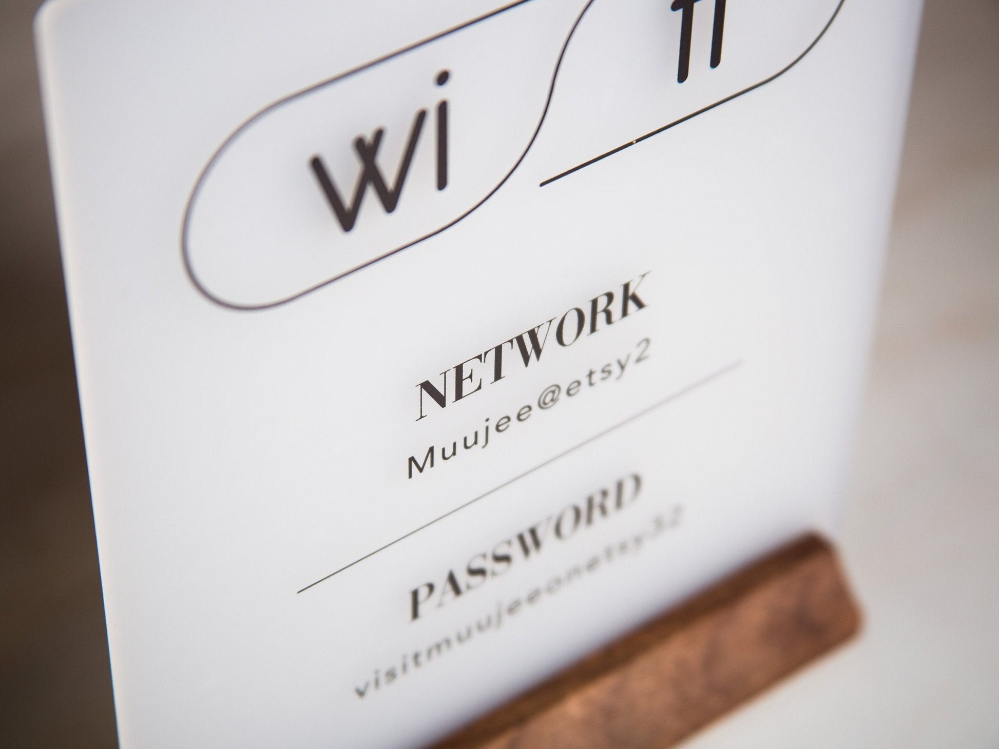 Wifi Acrylic Sign w/ Wood Base - 6.5 x 7.75" Table Signage for Home & Airbnb Rental, Custom Office Small Business Salons Restaurants Bar