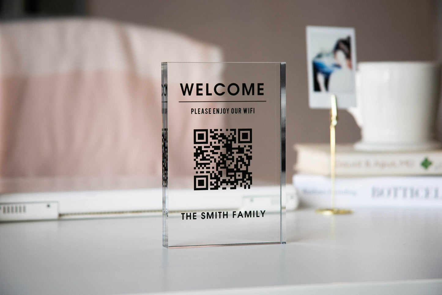 Personalized Acrylic QR Code Wifi Sign (Design 4) - Custom Welcome Internet Sign for Airbnb Vacation Rental Guestroom Visitor Small Business