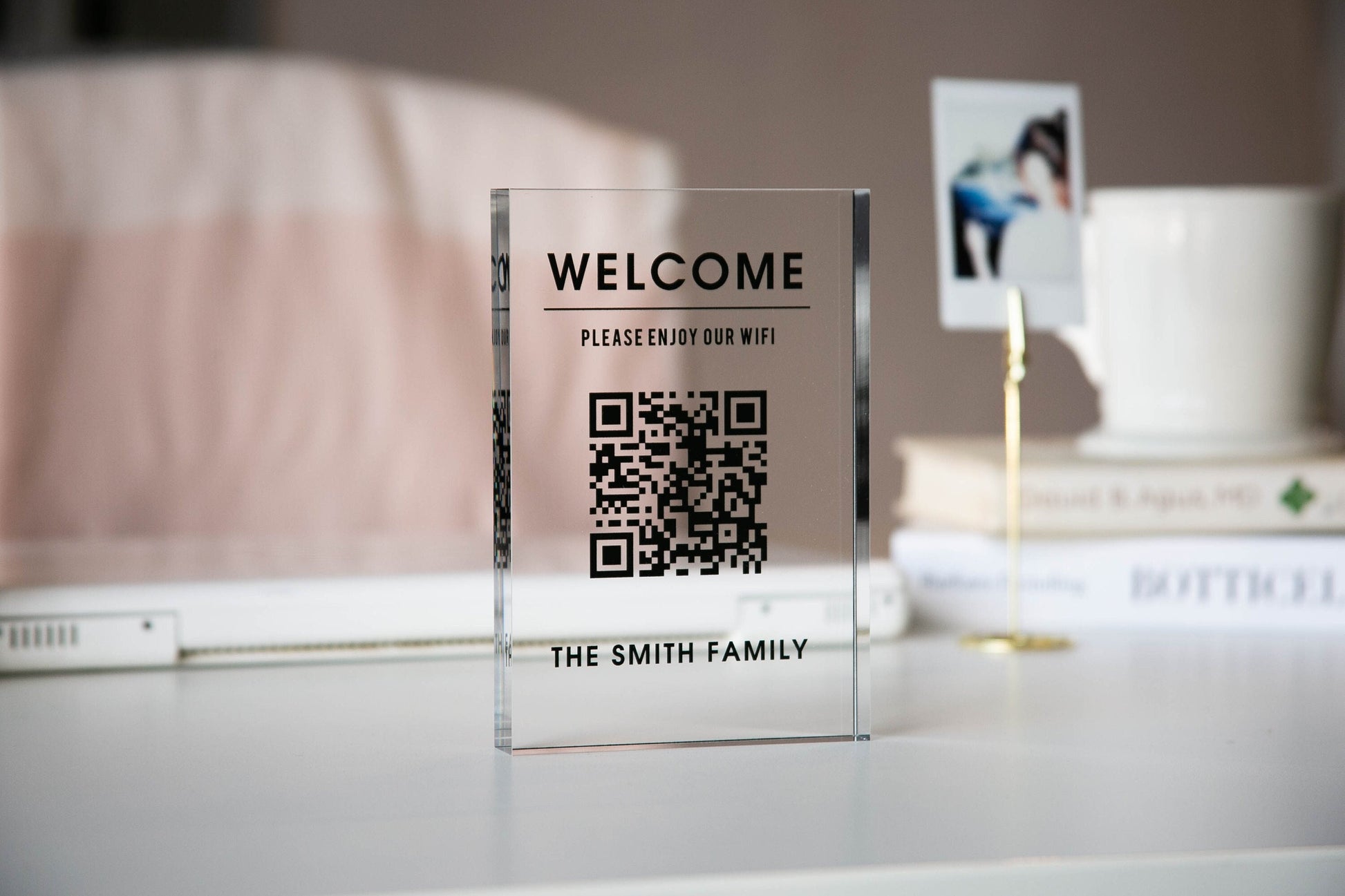 Personalized Acrylic QR Code Wifi Sign (Design 4) - Custom Welcome Internet Sign for Airbnb Vacation Rental Guestroom Visitor Small Business