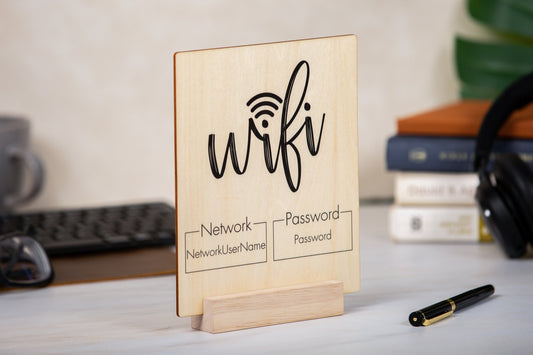 Wood Wifi Sign w/ Maple Wood Stand (Design 1) - Freestanding Tabletop Sign Guestroom Essential AirBnB Cabin Rental Cafe Bar Spa Waiting Area