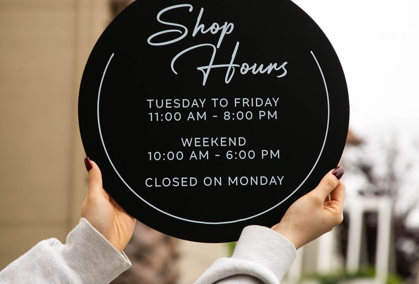 Round Hanging Acrylic Sign (Store Hours) w/ White Rope - custom signage for office home rental door, small business, spa salon working signs