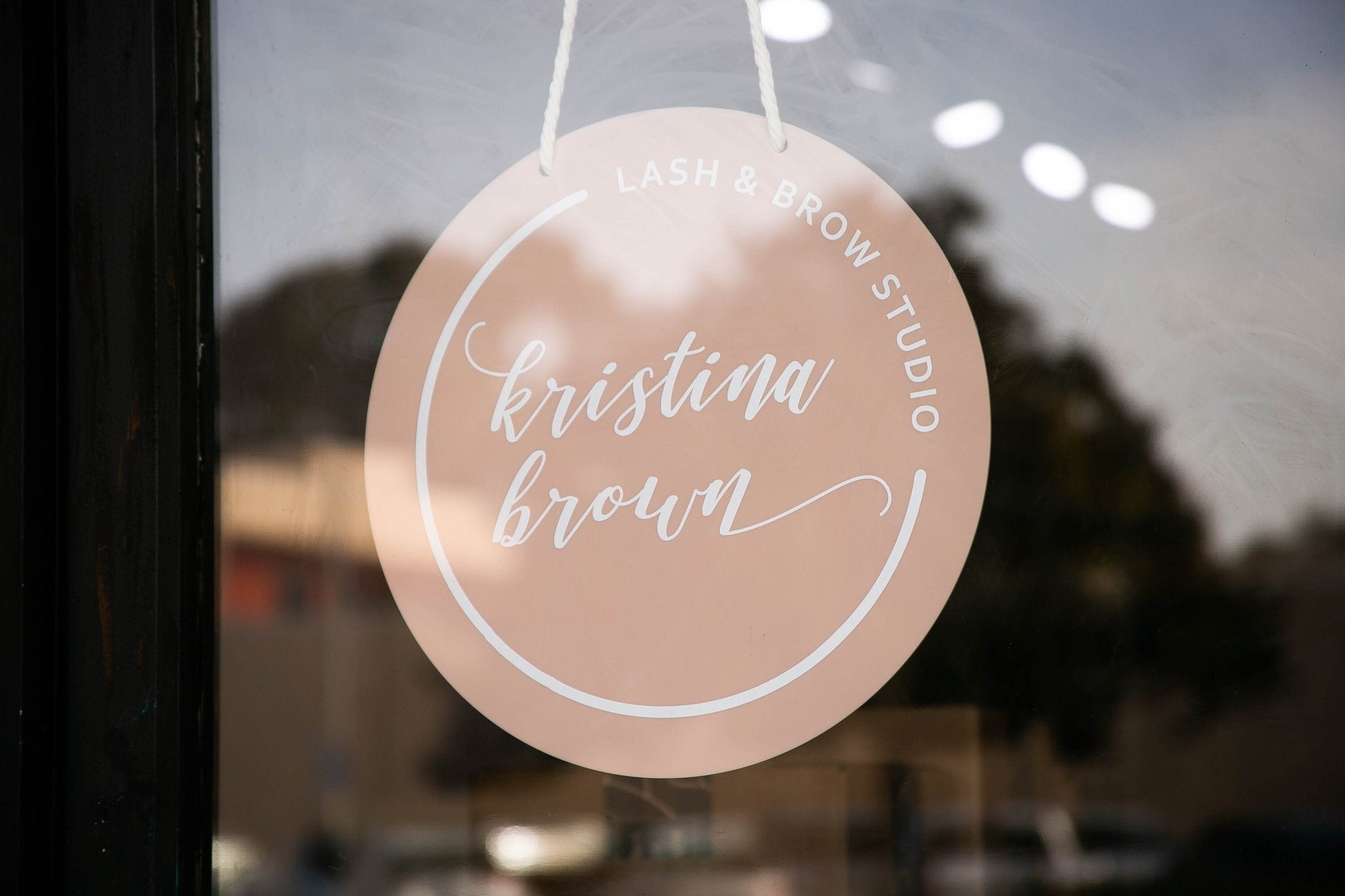Round Hanging Acrylic Sign (Logo) w/ White Rope - custom signage for office home rental door, small business logo sign, trade show signs