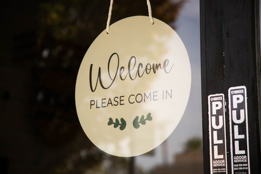 Round Hanging Acrylic Sign (Welcome) w/ White Rope - custom signage for office home rental door, small business logo sign, trade show signs