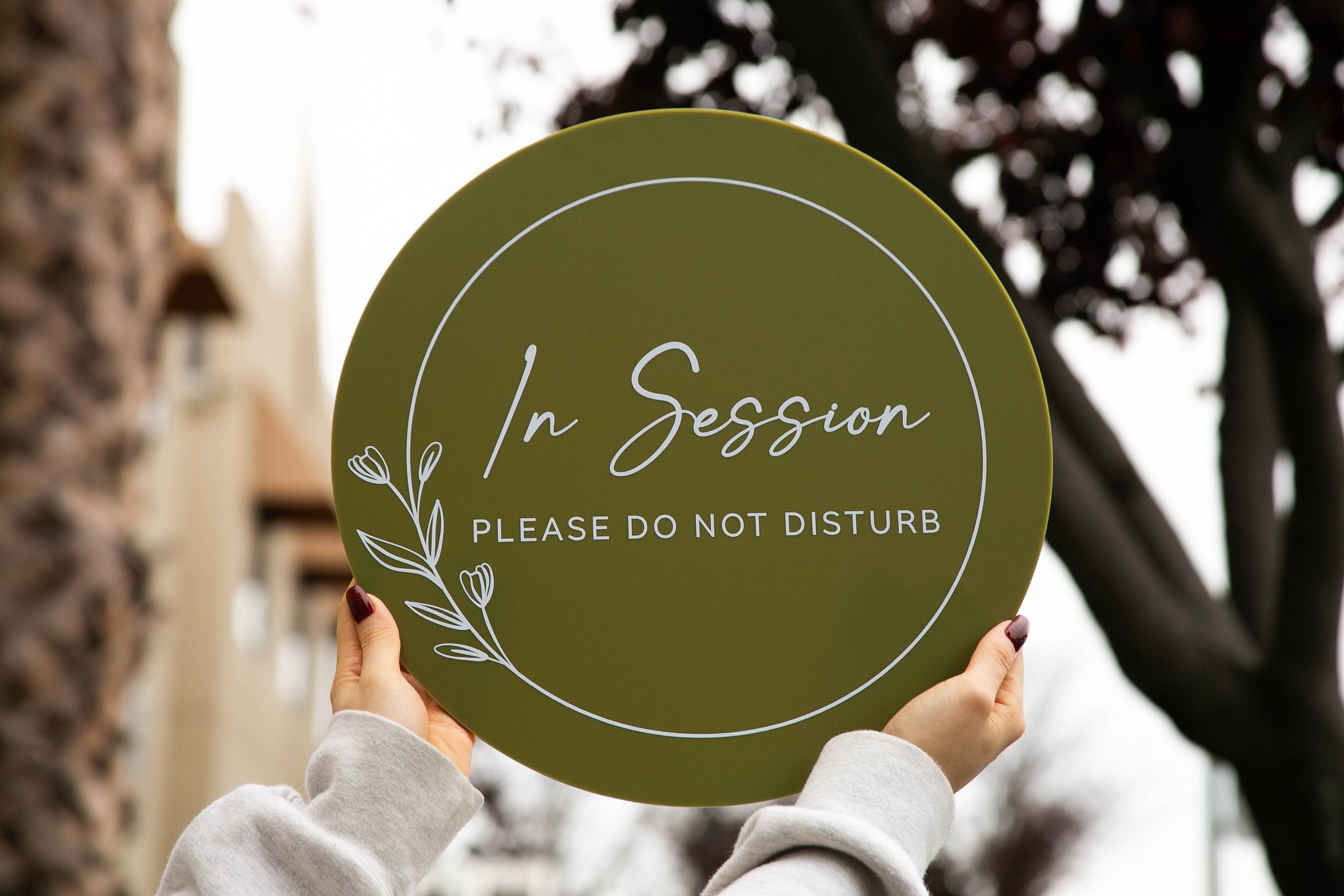 Round Acrylic Sign (In Session) w/ No Holes - Custom signage for office door small business owner craft fair event gift logo trade show