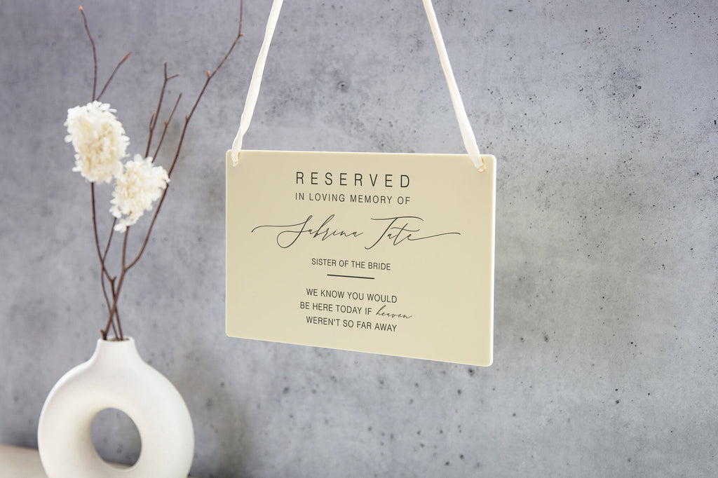 Reserved Hanging Acrylic Sign with Ribbon - Black or Frosted 11.5x7" Sign, In Loving Memory Sign for Wedding Chair Aisle, Memory Table Sign