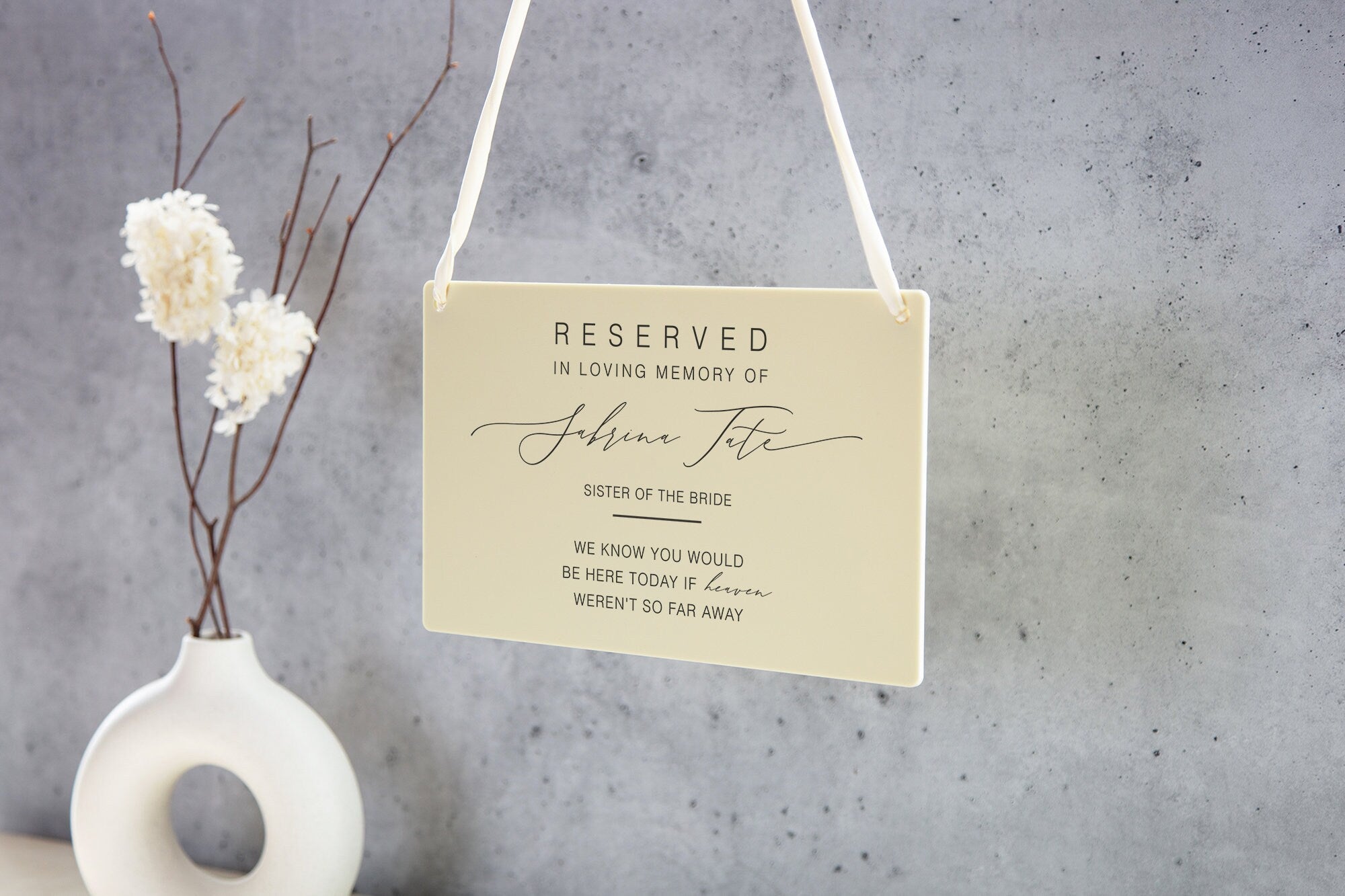 Reserved Hanging Acrylic Sign with Ribbon - Black or Frosted 11.5x7" Sign, In Loving Memory Sign for Wedding Chair Aisle, Memory Table Sign