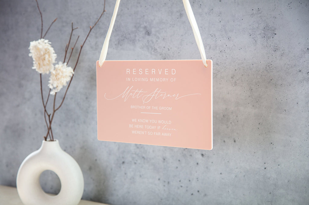 Reserved Hanging Acrylic Sign with Ribbon - Black or Frosted 11.5x7" Sign, In Loving Memory Sign for Wedding Chair Aisle, Memory Table Sign