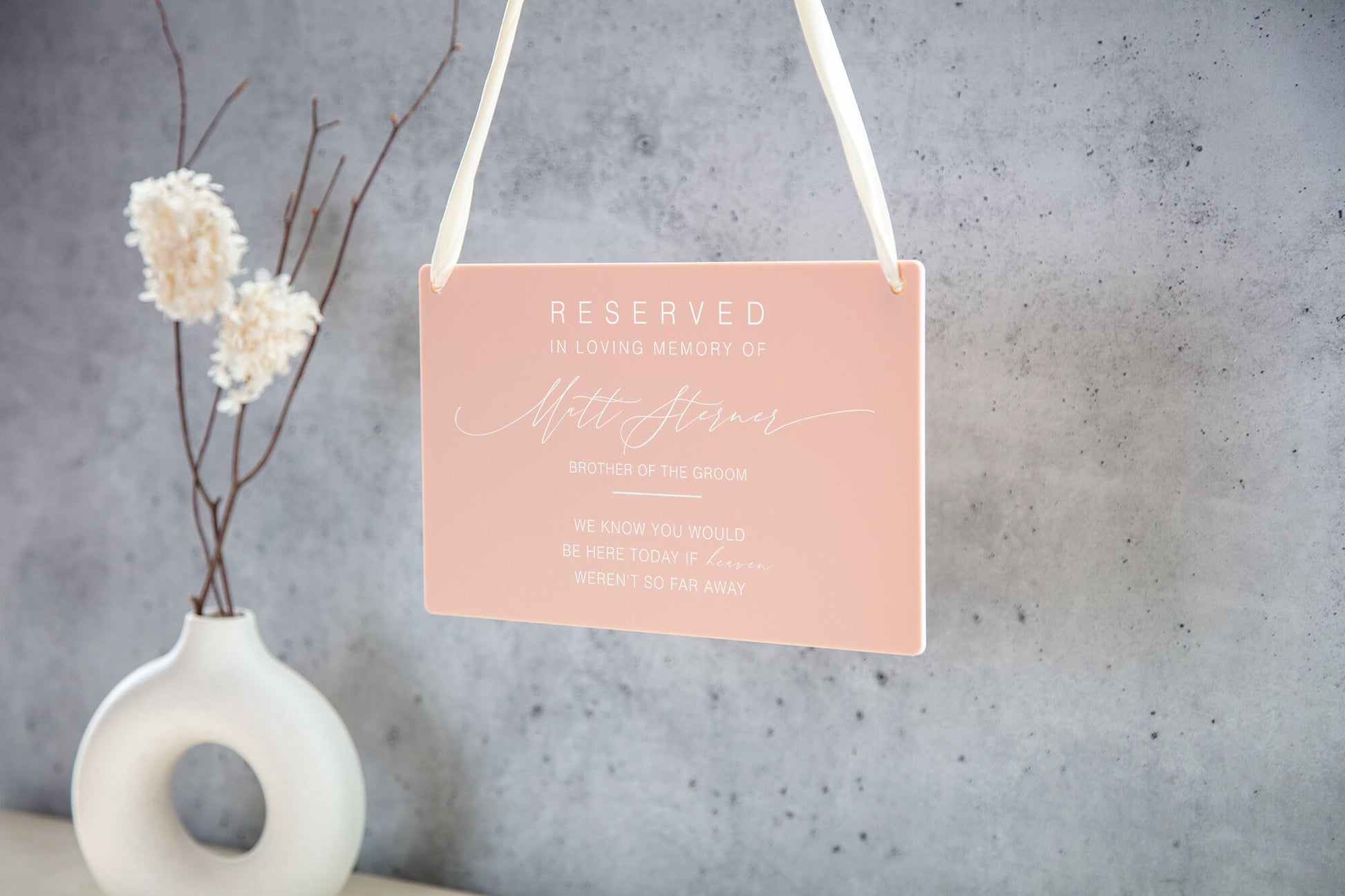 Reserved Hanging Acrylic Sign with Ribbon - Black or Frosted 11.5x7" Sign, In Loving Memory Sign for Wedding Chair Aisle, Memory Table Sign