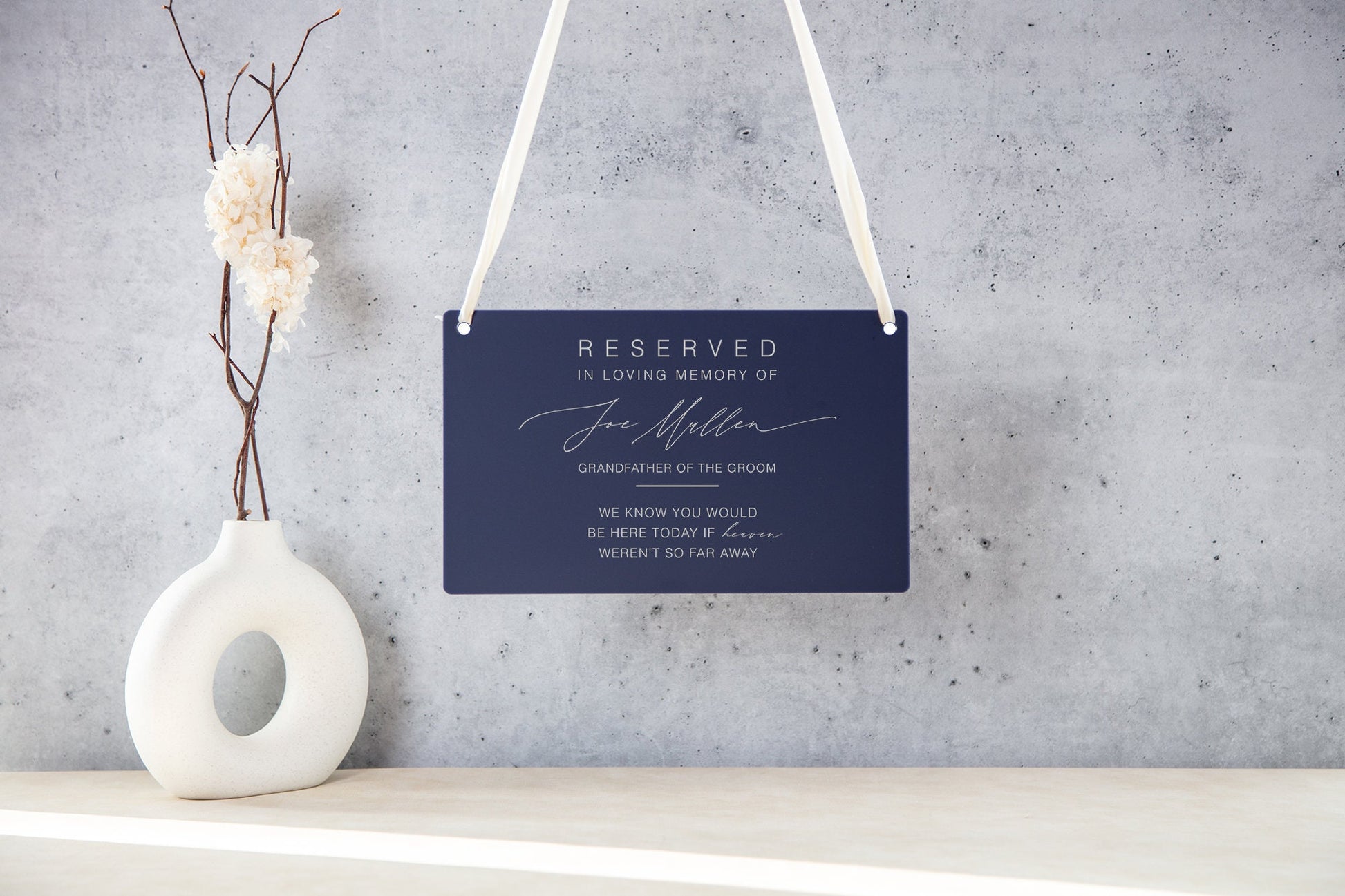 Reserved Hanging Acrylic Sign with Ribbon - Black or Frosted 11.5x7" Sign, In Loving Memory Sign for Wedding Chair Aisle, Memory Table Sign