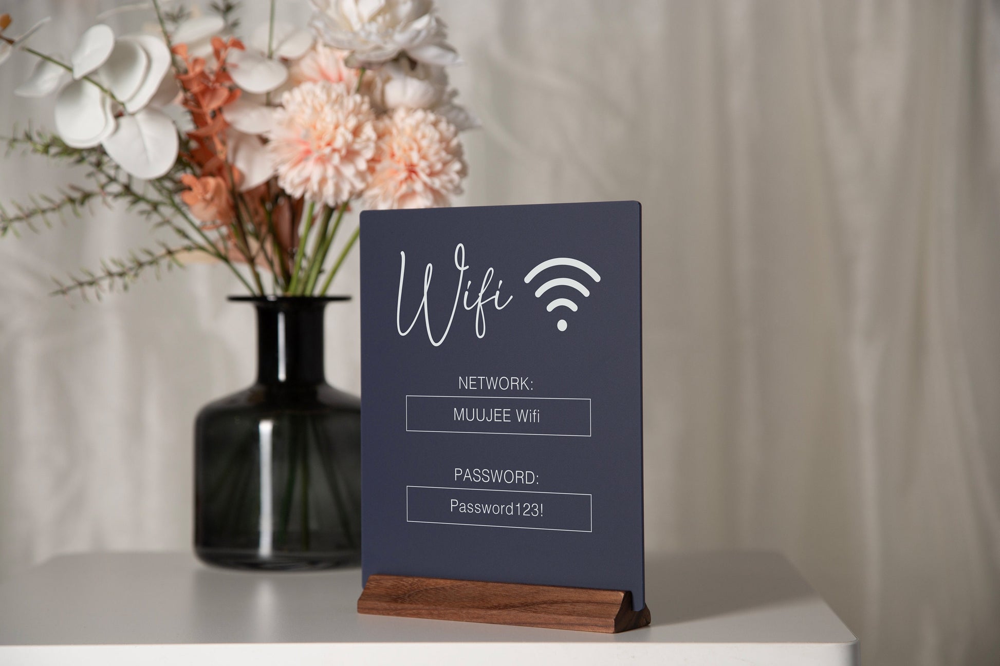 Wifi Acrylic Sign w/ Wood Base - 6.5 x 7.75" Ice or Black Table Sign for Home Airbnb Rental Small Business Salon Restaurant Bar Hotel Café