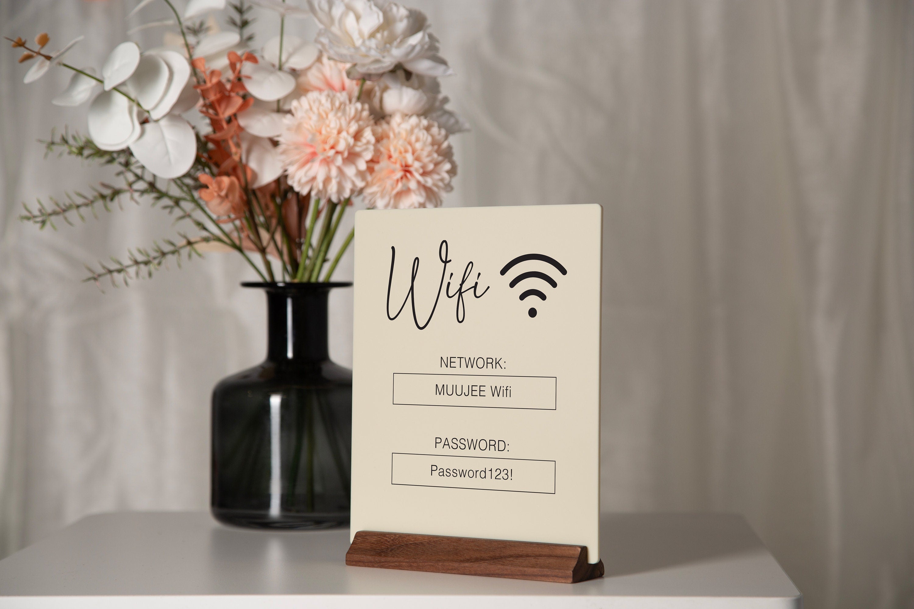 Wifi Acrylic Sign w/ Wood Base - 6.5 x 7.75" Ice or Black Table Sign for Home Airbnb Rental Small Business Salon Restaurant Bar Hotel Café