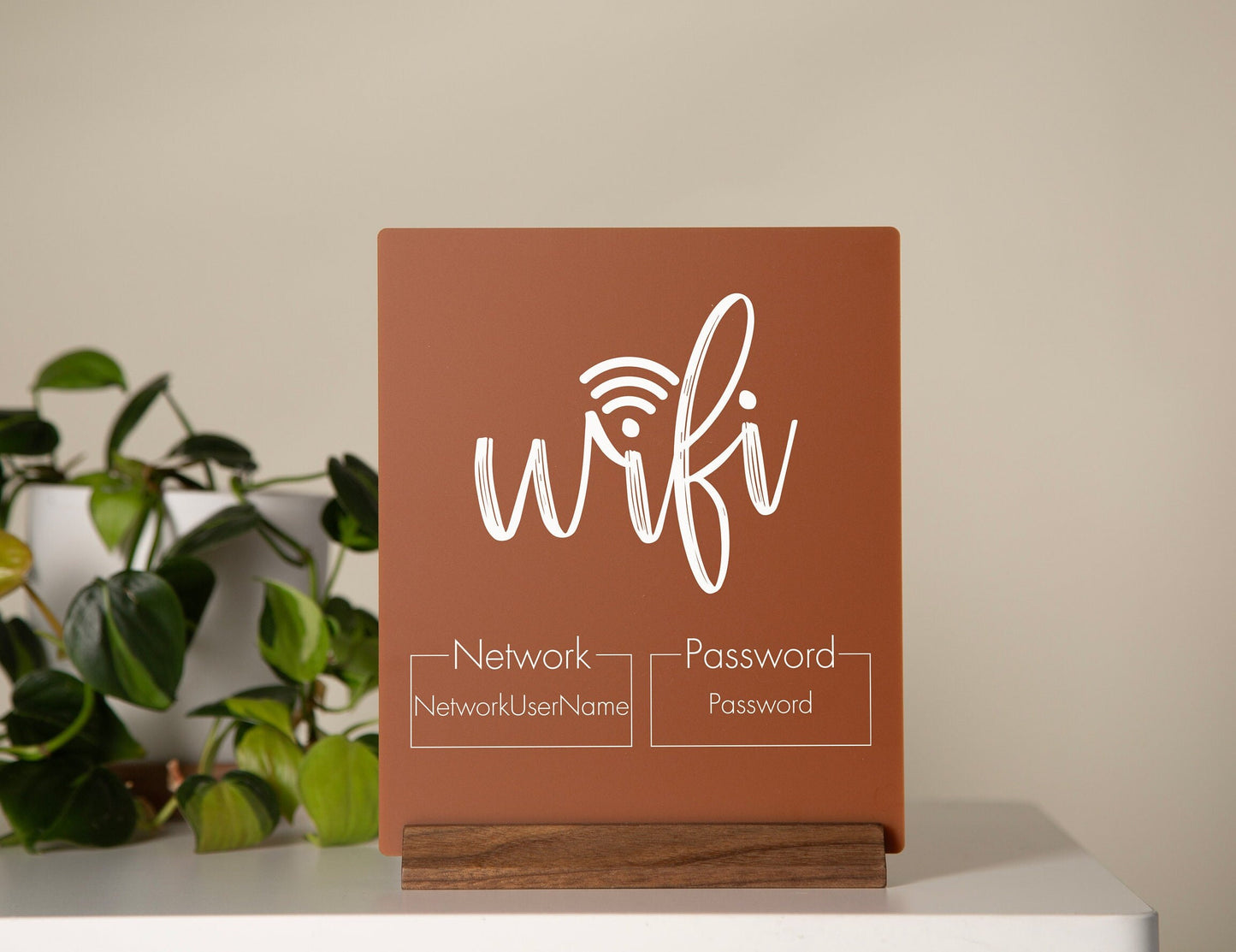 Wifi Password Acrylic Sign w/ Wood Base - 6.5 x 7.75" Standing Table Sign for Home & Airbnb Rental, Small Business Sign