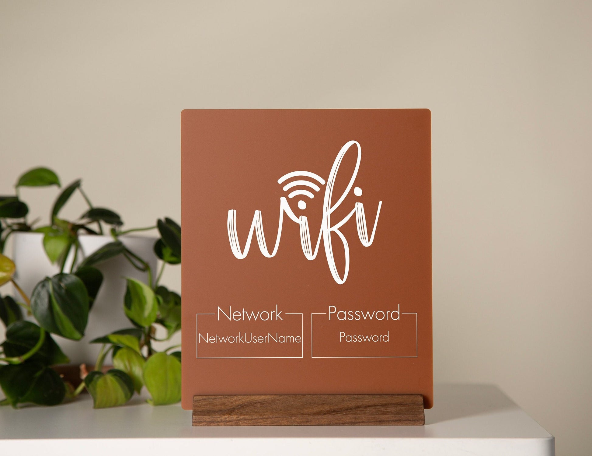 Wifi Password Acrylic Sign w/ Wood Base - 6.5 x 7.75" Standing Table Sign for Home & Airbnb Rental, Small Business Sign