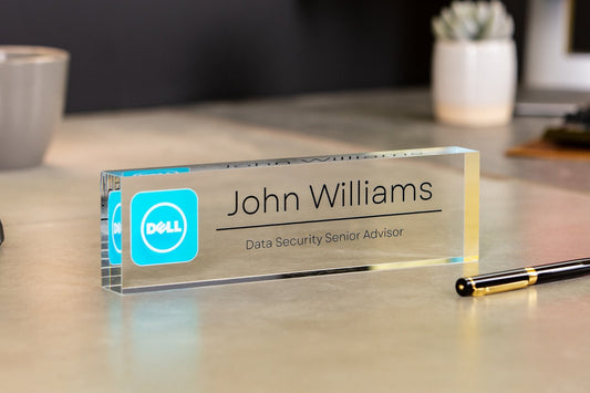 Acrylic Desk Block with Logo - 10x2.75 Executive CEO Plaque, New Job Office Business Decor, Company Staff Name Title Sign, Promotion Gift