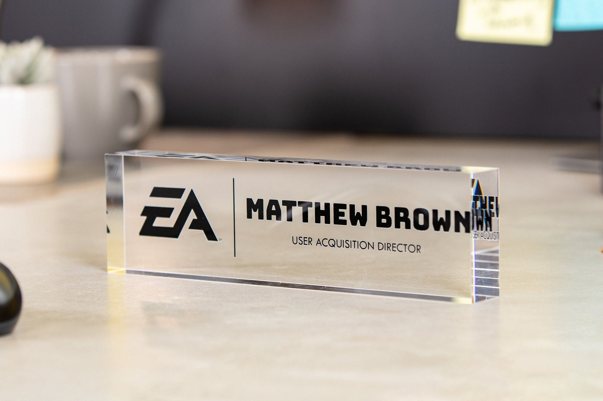 Acrylic Desk Block with Logo - 10x2.75 Executive CEO Plaque, New Job Office Business Decor, Company Staff Name Title Sign, Promotion Gift