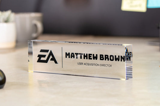 Acrylic Desk Block with Logo - 10x2.75 Executive CEO Plaque, New Job Office Business Decor, Company Staff Name Title Sign, Promotion Gift