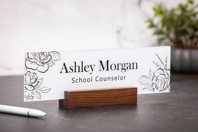 Acrylic Name Plate w/ Wood Stand - 10x2.75" Rose Floral Flowers Desk Name Sign Executive Desk CEO Sign, Custom Nurses Teacher School Gift