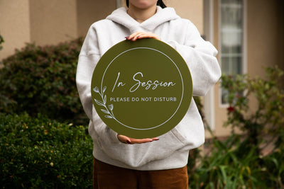 Round Acrylic Sign (In Session) w/ No Holes - Custom signage for office door small business owner craft fair event gift logo trade show