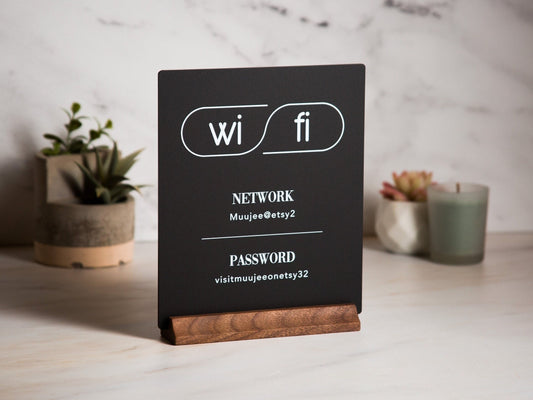 Wifi Acrylic Sign w/ Wood Base - 6.5 x 7.75" Table Signage for Home & Airbnb Rental, Custom Office Small Business Salons Restaurants Bar