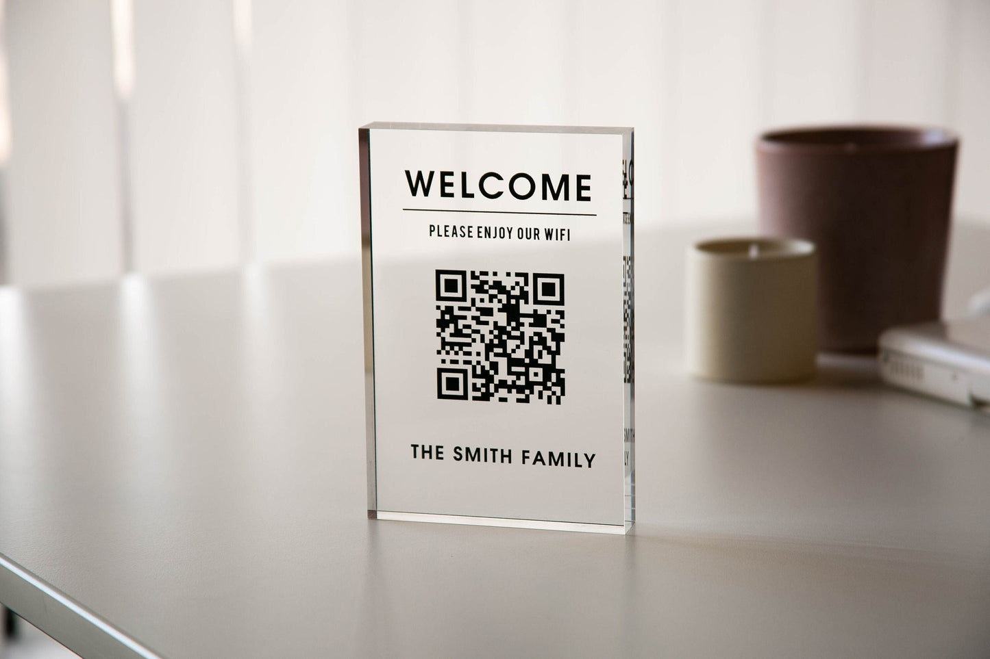 Personalized Acrylic QR Code Wifi Sign (Design 4) - Custom Welcome Internet Sign for Airbnb Vacation Rental Guestroom Visitor Small Business