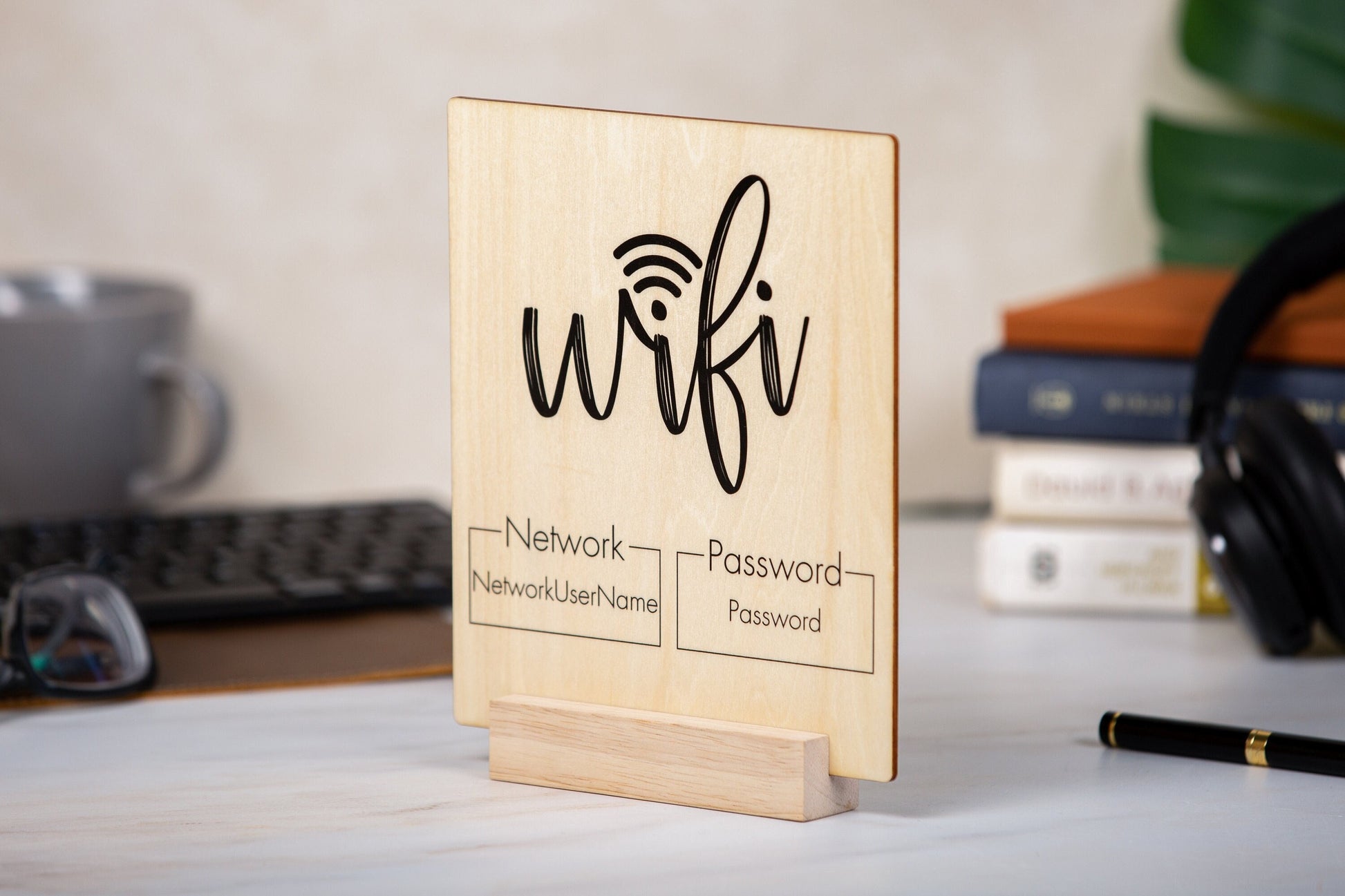 Wood Wifi Sign w/ Maple Wood Stand (Design 1) - Freestanding Tabletop Sign Guestroom Essential AirBnB Cabin Rental Cafe Bar Spa Waiting Area