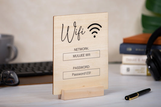 Wood Wifi Sign w/ Maple Wood Stand (Design 2) - Network Display Sign for Small Business Cafe Restaurant Beauty Spa AirBnB Rental Essential