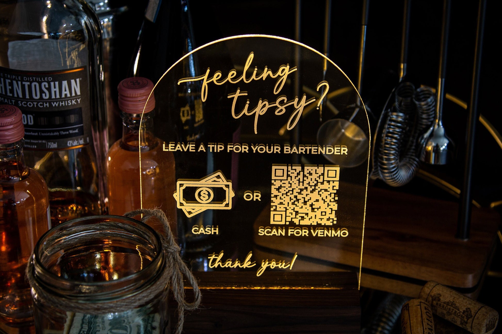 Arched QR Code Sign & Light Up LED Stand (Feeling Tipsy) - Scan for Tips Payment Venmo Paypal Cashapp, Restaurant Bars Small Business Sign