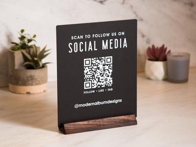 QR Code Social Media Sign w/ Wood Stand - Scannable Office Table Desk Signage, Social Media for Small Business, Salon Restaurant Bar Signs