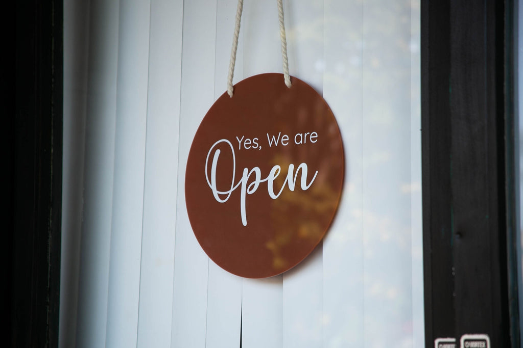 Round Hanging Acrylic Sign (Open & Closed) Double Sided w/ White Rope - Back to back custom signage office home rental door, small business