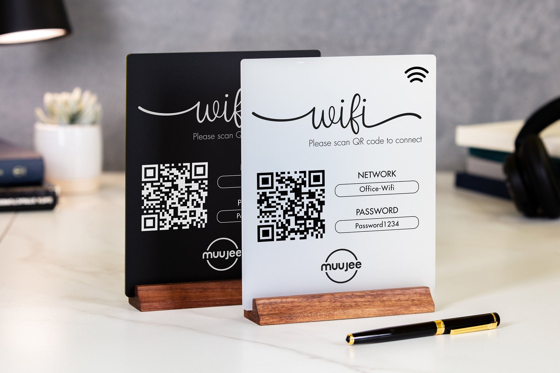 QR Code Logo Wifi Acrylic Sign w/ Wood Base - 6x7.75" Sign for Home & Airbnb Rental, Sign for Small Business Nail Salons Restaurants Bars