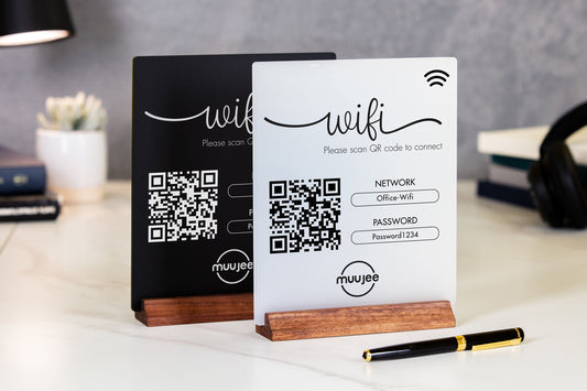 QR Code Logo Wifi Acrylic Sign w/ Wood Base - 6x7.75" Sign for Home & Airbnb Rental, Sign for Small Business Nail Salons Restaurants Bars