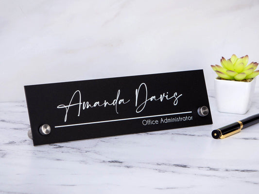 Standing Black Acrylic Name Plate -10x2.75" Executive Desk CEO Sign, New Job Office Decor, Promotion Gift for Staff Coworker or Teacher