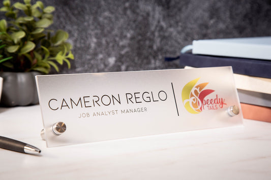 Frosted Standing Name Plate w/ Logo - 10x2.75" Desk Name Sign with Business Logo, New Job Office Decor, Coworker Promotion , Mom Dad Gift