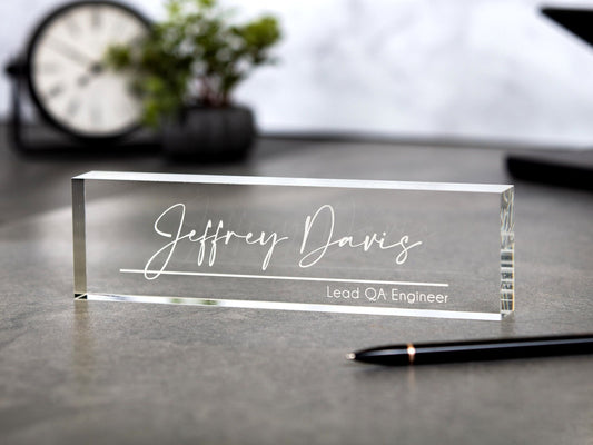 Engraved Desk Block - Minimal Executive CEO Desk Sign, Real Estate, Teacher Name Sign, New Job Employee Office Decor, Staff Corporate Gift