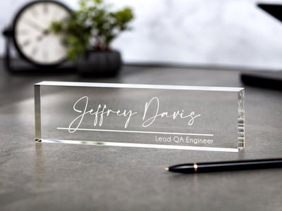 Engraved Desk Block - Minimal Executive CEO Desk Sign, Real Estate, Teacher Name Sign, New Job Employee Office Decor, Staff Corporate Gift