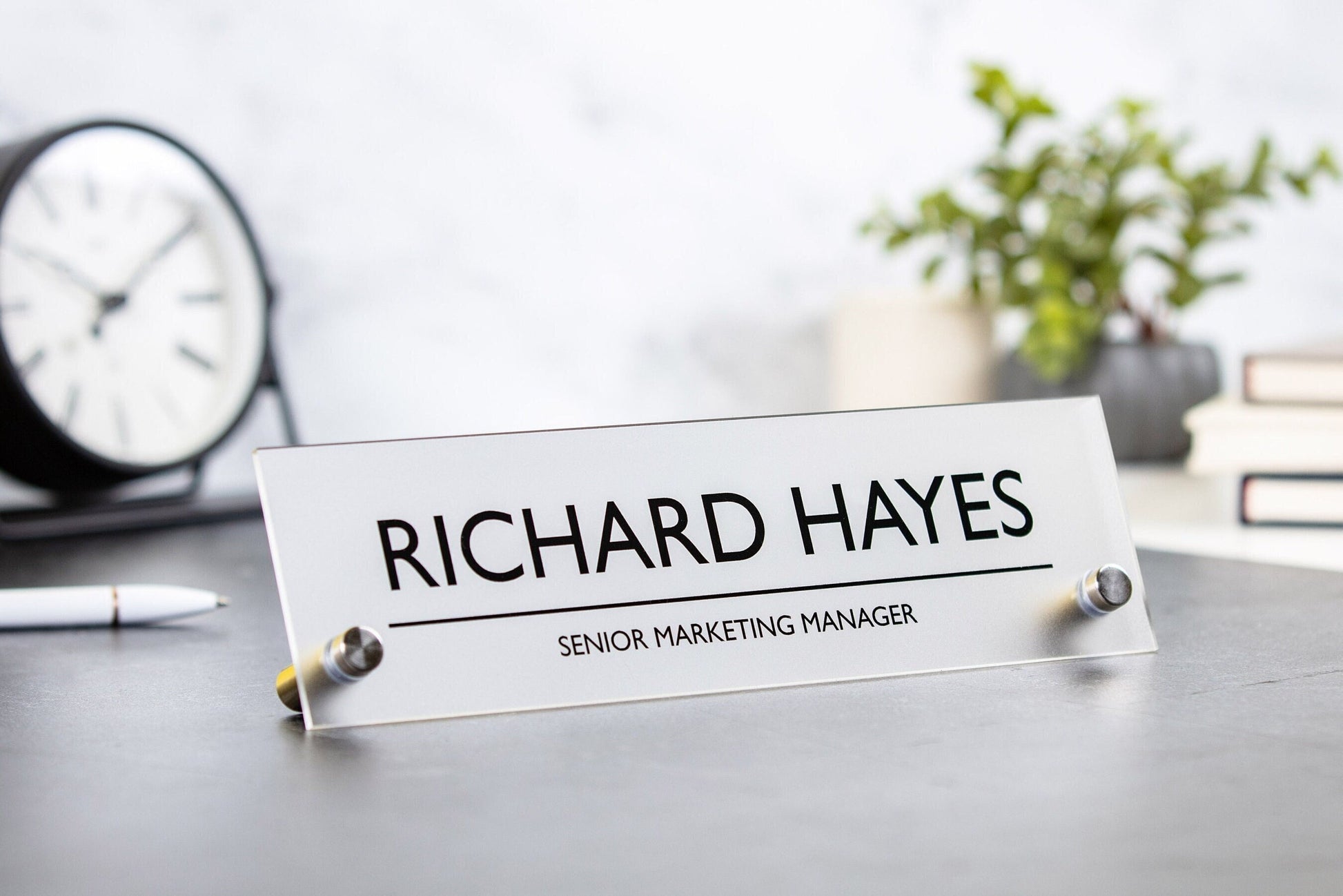 Standing Acrylic Name Plate - 10x2.75" Clear Bold Desk Sign, New Job Office Decor, Corporate Work Promotion Gift, Employee Staff, Dad Gift