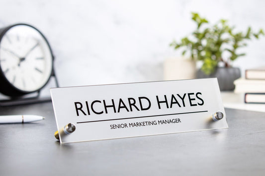 Standing Acrylic Name Plate - 10x2.75" Clear Bold Desk Sign, New Job Office Decor, Corporate Work Promotion Gift, Employee Staff, Dad Gift