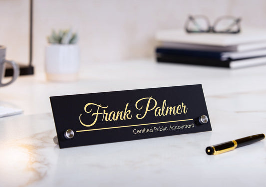 Standing Black Acrylic Name Plate (Gold Text) - Executive Desk CEO Sign, New Job Staff Corporate Employee Gift, Teacher Appreciation