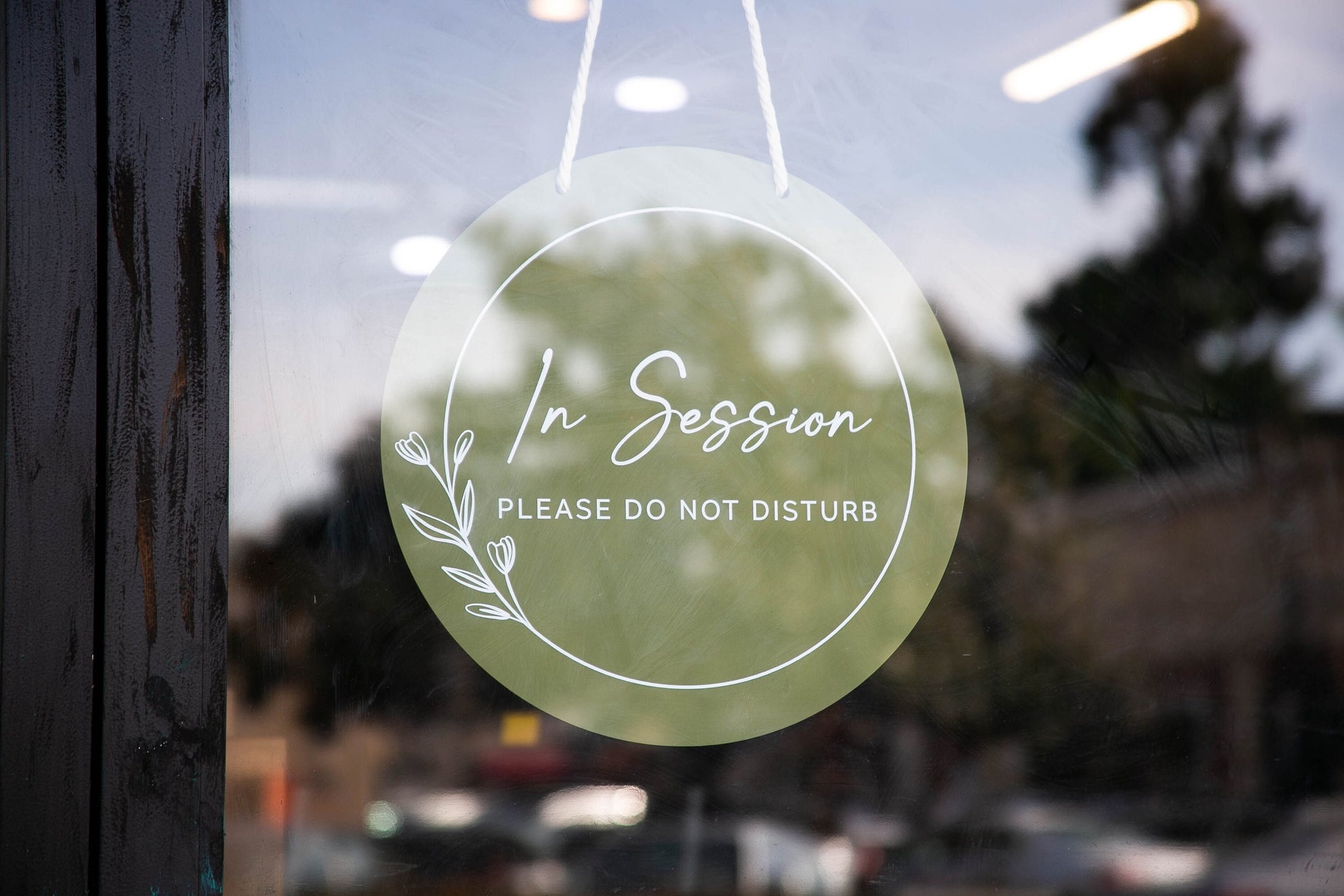 Round Hanging Acrylic Sign (In Session) w/ White Rope - Custom window signage for office, rental, small business logo, trade shows signs
