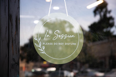 Round Hanging Acrylic Sign (In Session) w/ White Rope - Custom window signage for office, rental, small business logo, trade shows signs