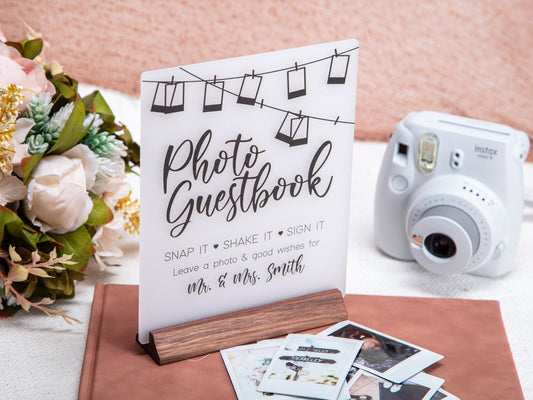 Ice Acrylic Guest Book Sign w/ Wood Stand - 6.5 x 7.75" Photo Guestbook Sign for Table Decor, Signage for Guest Book, Modern Wedding
