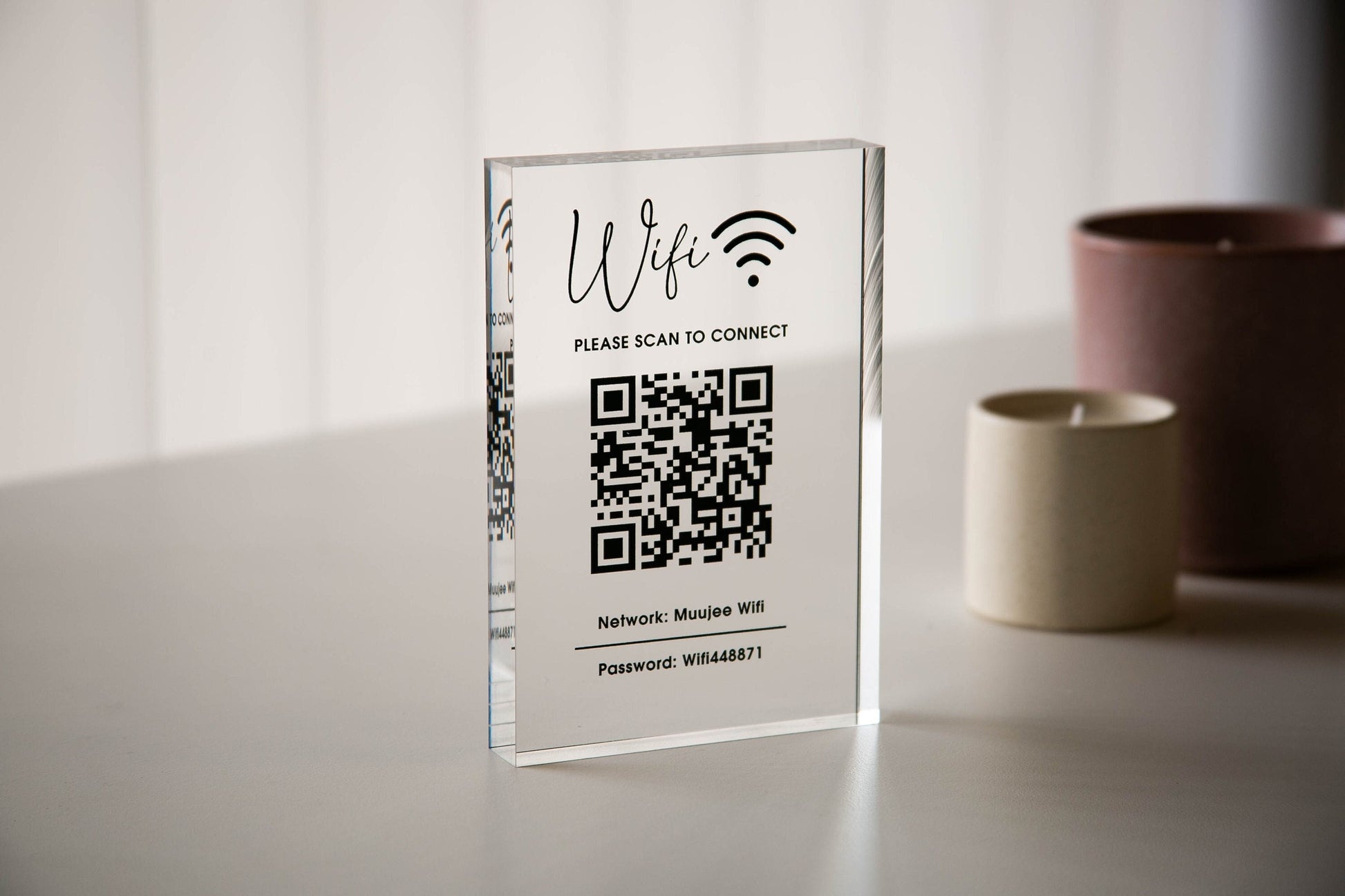 Personalized Acrylic QR Code Wifi Sign (Design 1) - Custom Network Password Table Top Signage Hotel Small Business Resaturants Bars Cafe