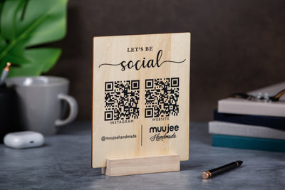 Maple QR Code Social Media Sign w/ Maple Wood Stand - Business Logo Plaque for Pop Up Vendors Weddings Salon Spa Trade Shows Craft Shows